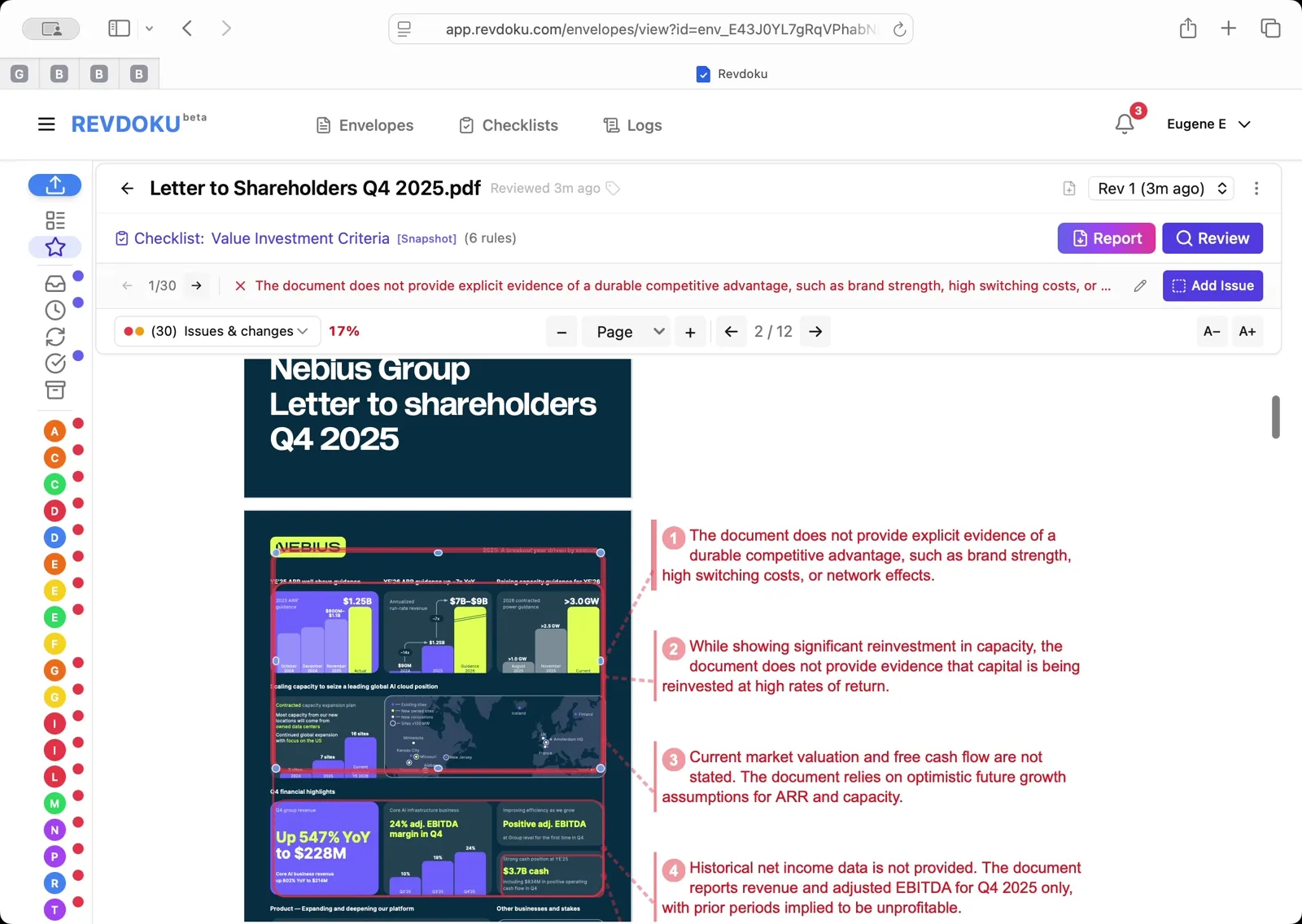 Read the issues the AI flagged. Revdoku reports 17% compliance across 30 checks on the Nebius letter. The document is flagged for no explicit evidence of a durable competitive advantage, no proof that reinvested capital earns high returns, missing market valuation and free cash flow numbers, and no historical net income data to judge profitability. Each issue is numbered and mapped back to its exact spot in the letter.