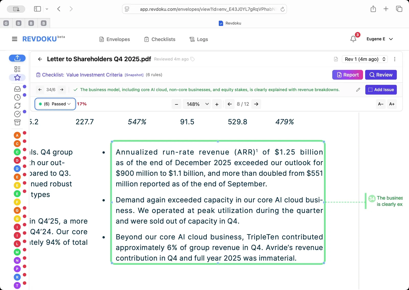 Review the 6 checks that did pass. Switch the filter dropdown from Issues and changes to Passed to see what Nebius handled well. The business model rule passes because the letter clearly describes the AI cloud infrastructure business with revenue breakdowns — $1.25B ARR exceeding the $900M to $1.1B outlook, 547% YoY growth, and TripleTen contributing 6% of group revenue.