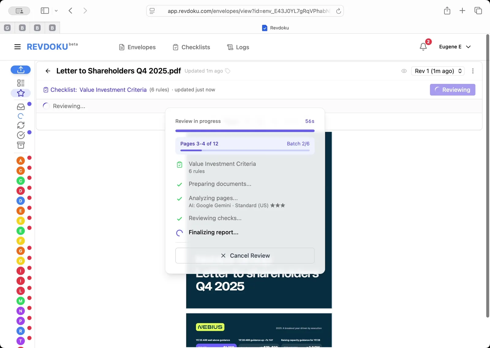 Run the review on the letter. Back in the Review Envelope dialog, pick Value Investment Criteria, confirm the AI model Google Gemini Standard US, and click Run Review. Revdoku batches the 12 pages into six batches and walks through Preparing, Analyzing, Reviewing, and Finalizing.