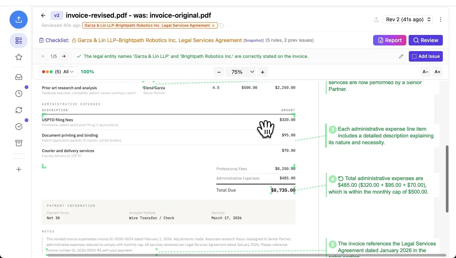 Revised invoice passing all 5 compliance checks at 100%