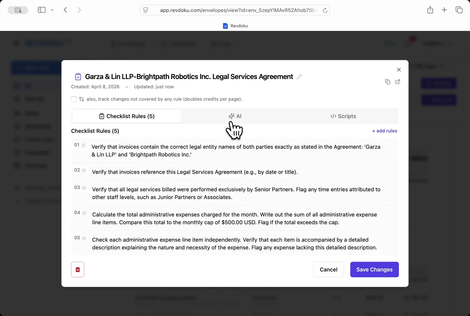 Generate the rules. Revdoku turns the agreement into a 5-rule Garza & Lin LLP-Brightpath Robotics Inc. Legal Services Agreement checklist covering legal entity names, agreement reference, Senior Partner billing, and the $500 administrative expense cap