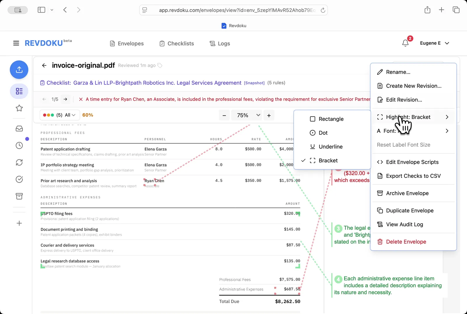 Open the envelope menu. The right-side menu lets you create or edit revisions, change highlight style, run scripts, archive, or export checks to CSV