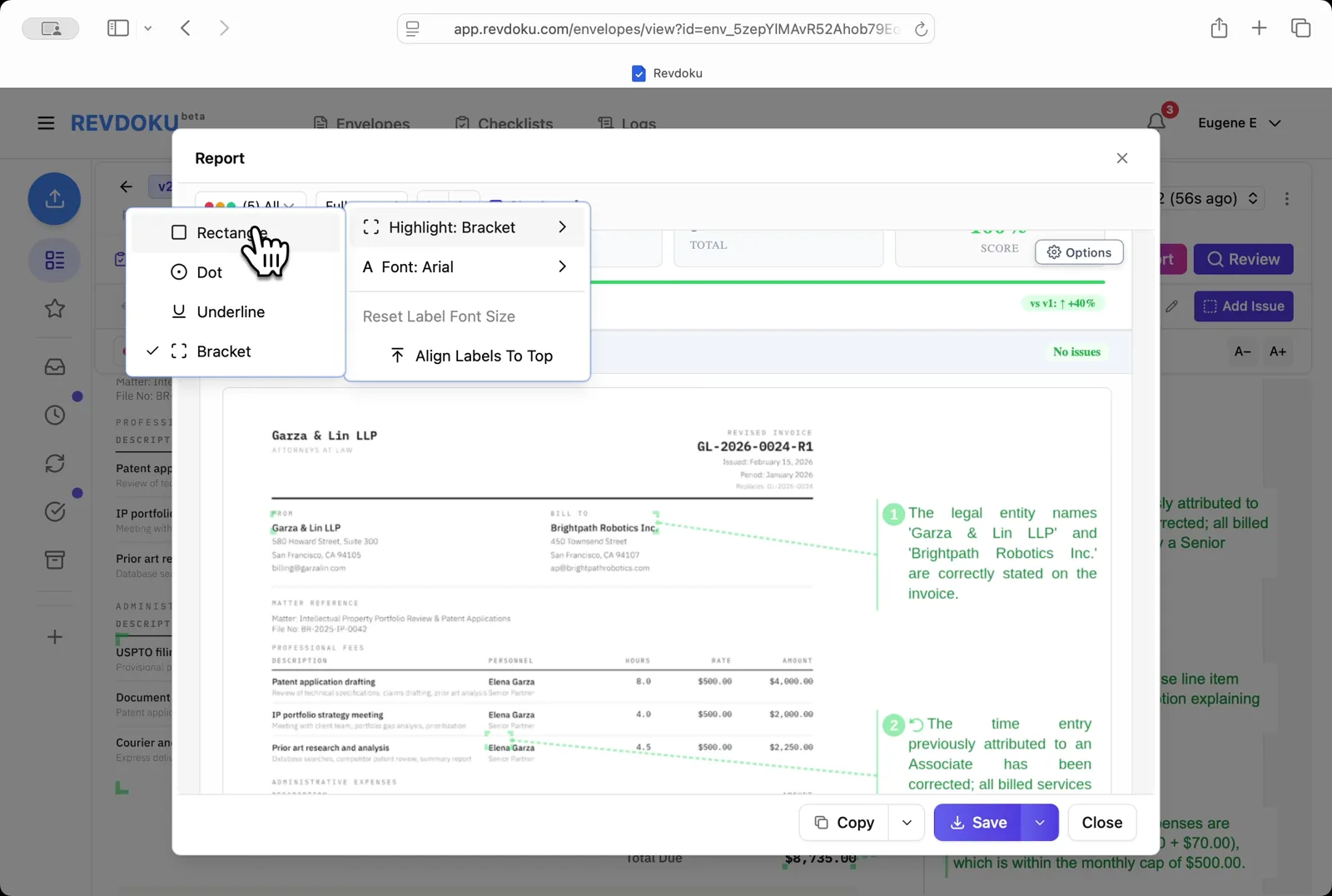 Open the Report. The summary shows 5 passed, 0 failed, 100% score (vs v1: +40%) with annotated thumbnails of the revised invoice