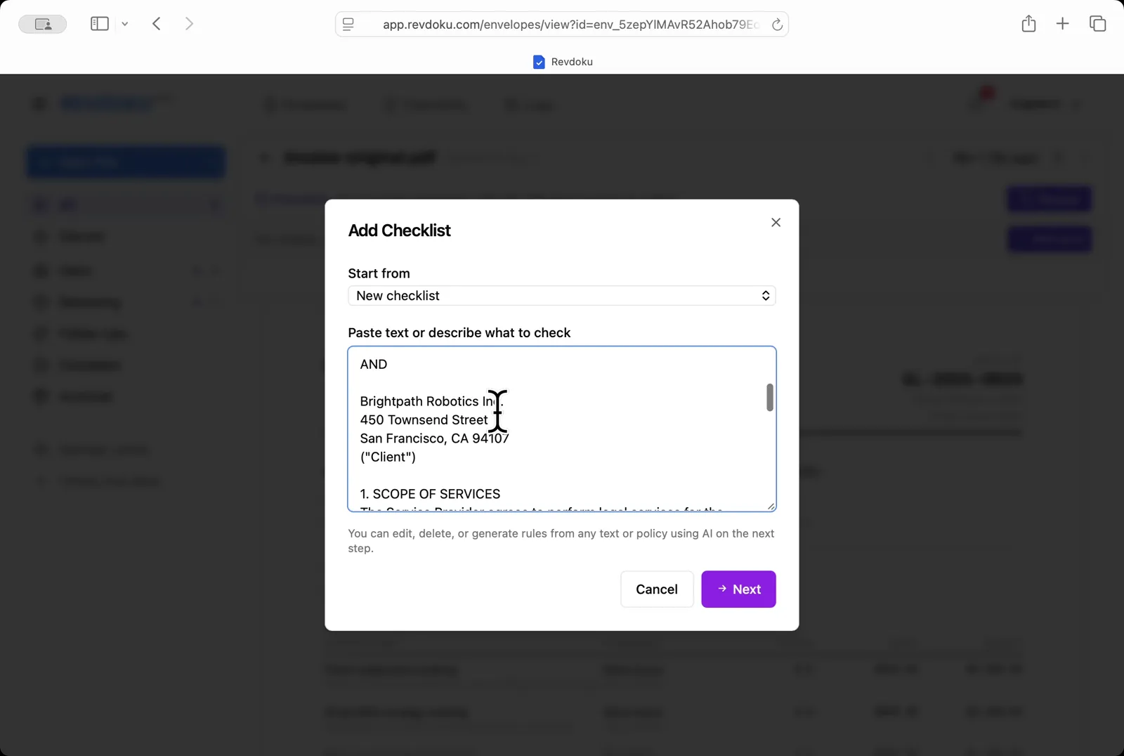 Paste the agreement. In the Add Checklist dialog, paste the legal services agreement text into the Paste text or describe what to check field