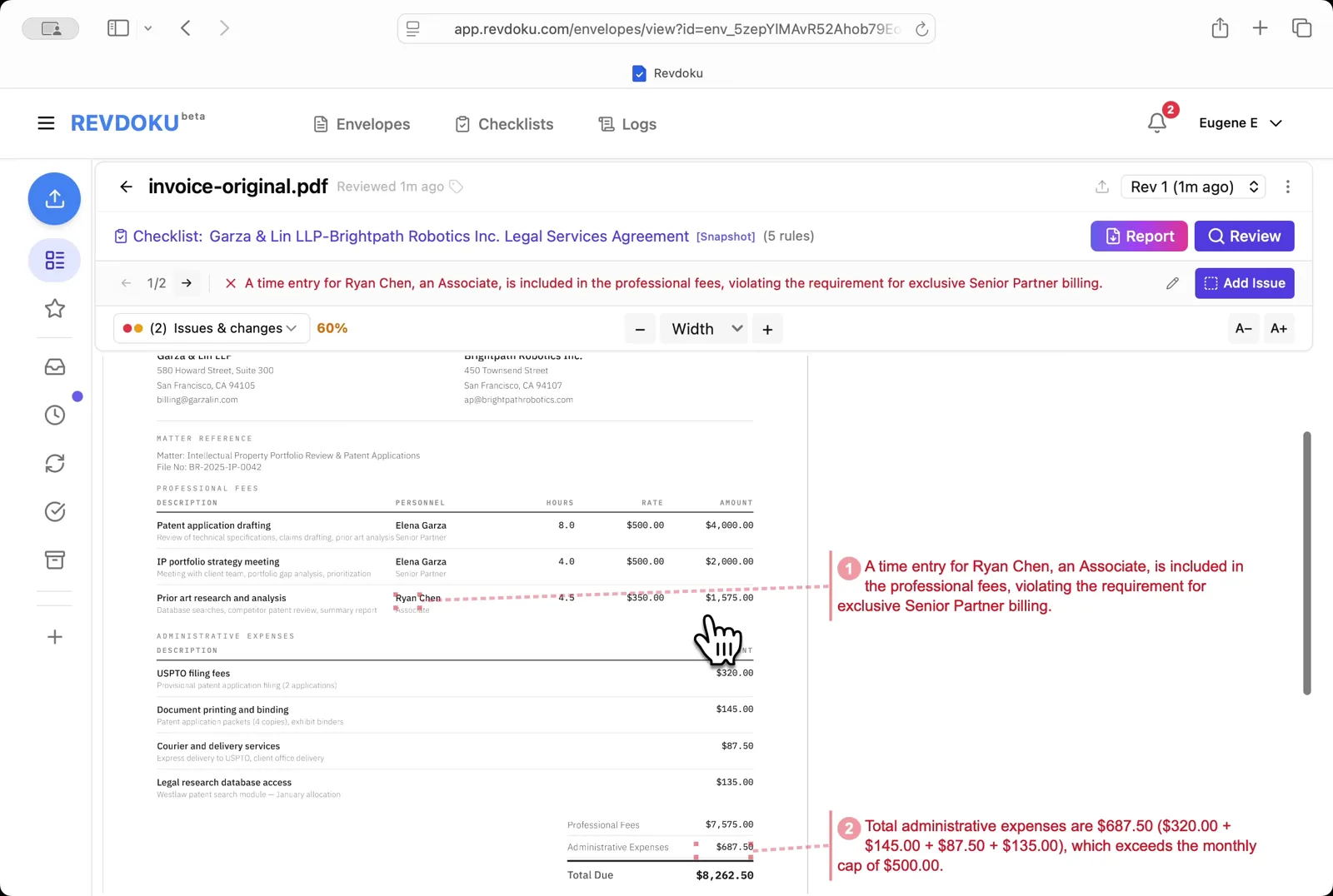 Read the issues. Two failures are flagged on v1: a time entry billed by an Associate (Ryan Chen) instead of a Senior Partner, and administrative expenses totaling $687.50 over the $500 monthly cap