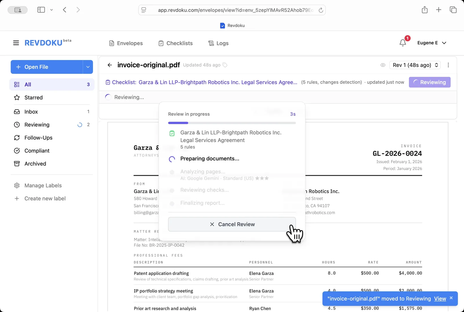 Review the original invoice. Click Review and Revdoku checks invoice-original.pdf against the 5 rules with Google Gemini