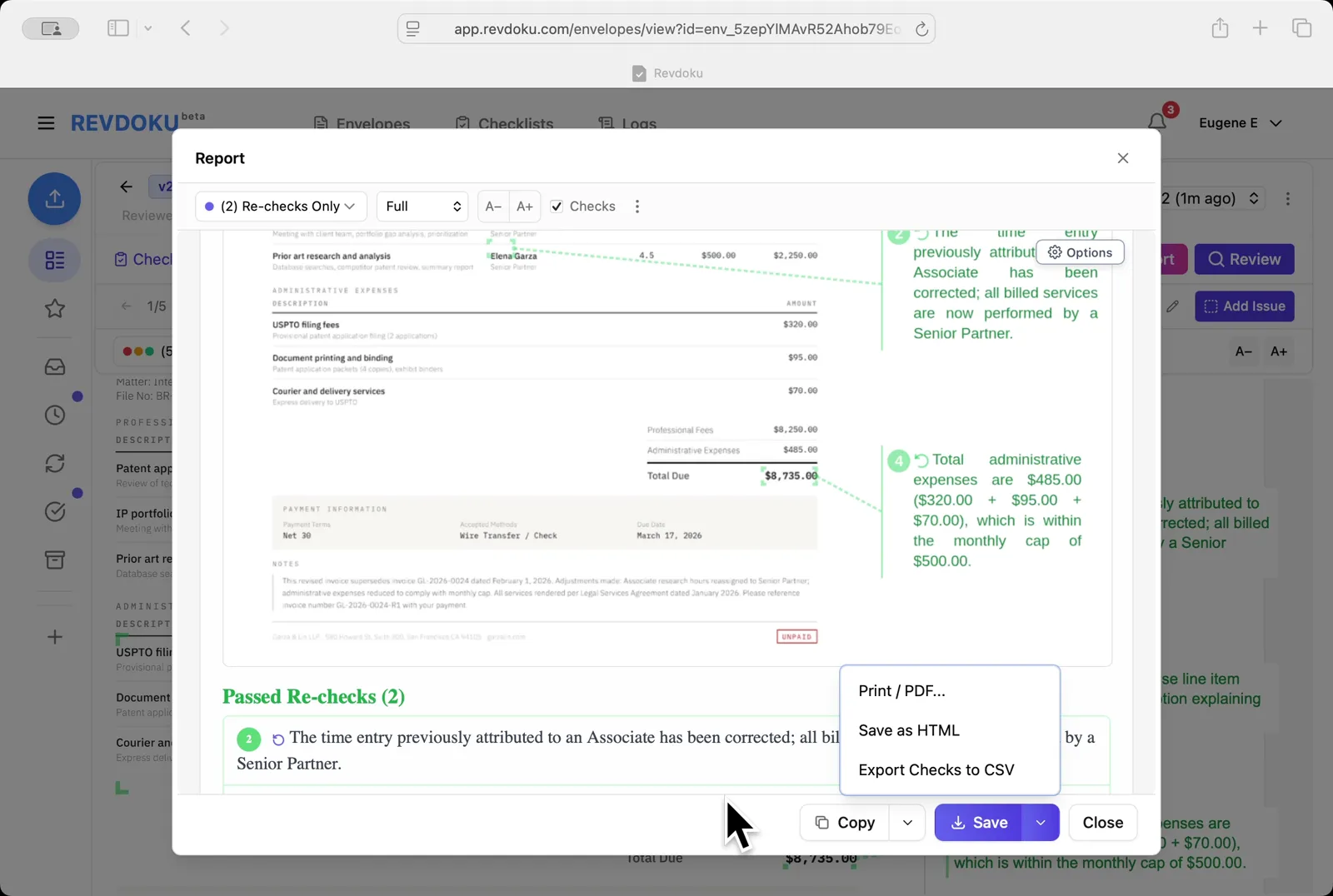 Save the report. Pick Re-checks Only to show just the two cleared issues, then use the Save dropdown to export as PDF, HTML, or CSV