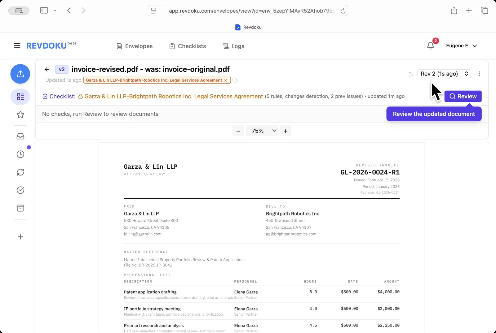 Upload a corrected revision. Drop invoice-revised.pdf in to create v2; a callout points at Review to re-check the updated document