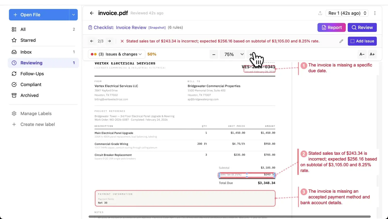 Invoice reviewed in Revdoku showing 3 issues found