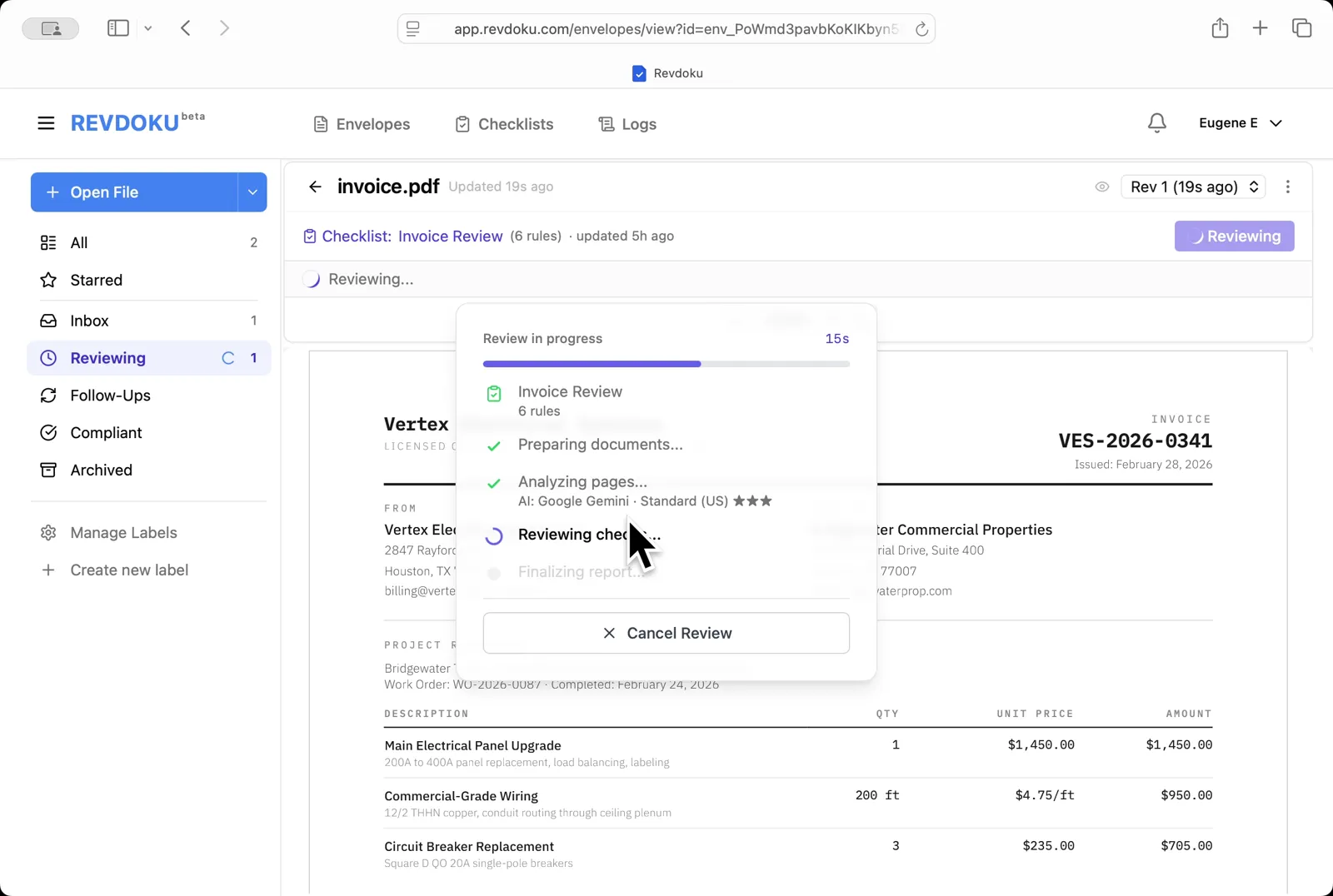 The checks finish running. Revdoku writes the report and matches each finding to a place on the page