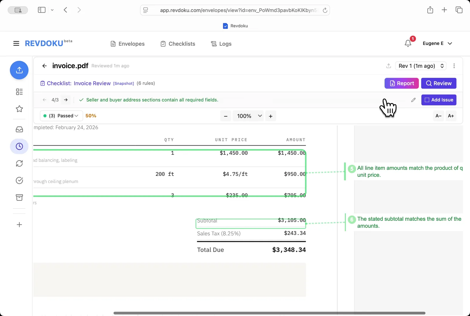 Confirm the totals add up. Two more passes: every line item amount equals quantity × unit price, and the $3,105.00 subtotal matches the sum of the line items