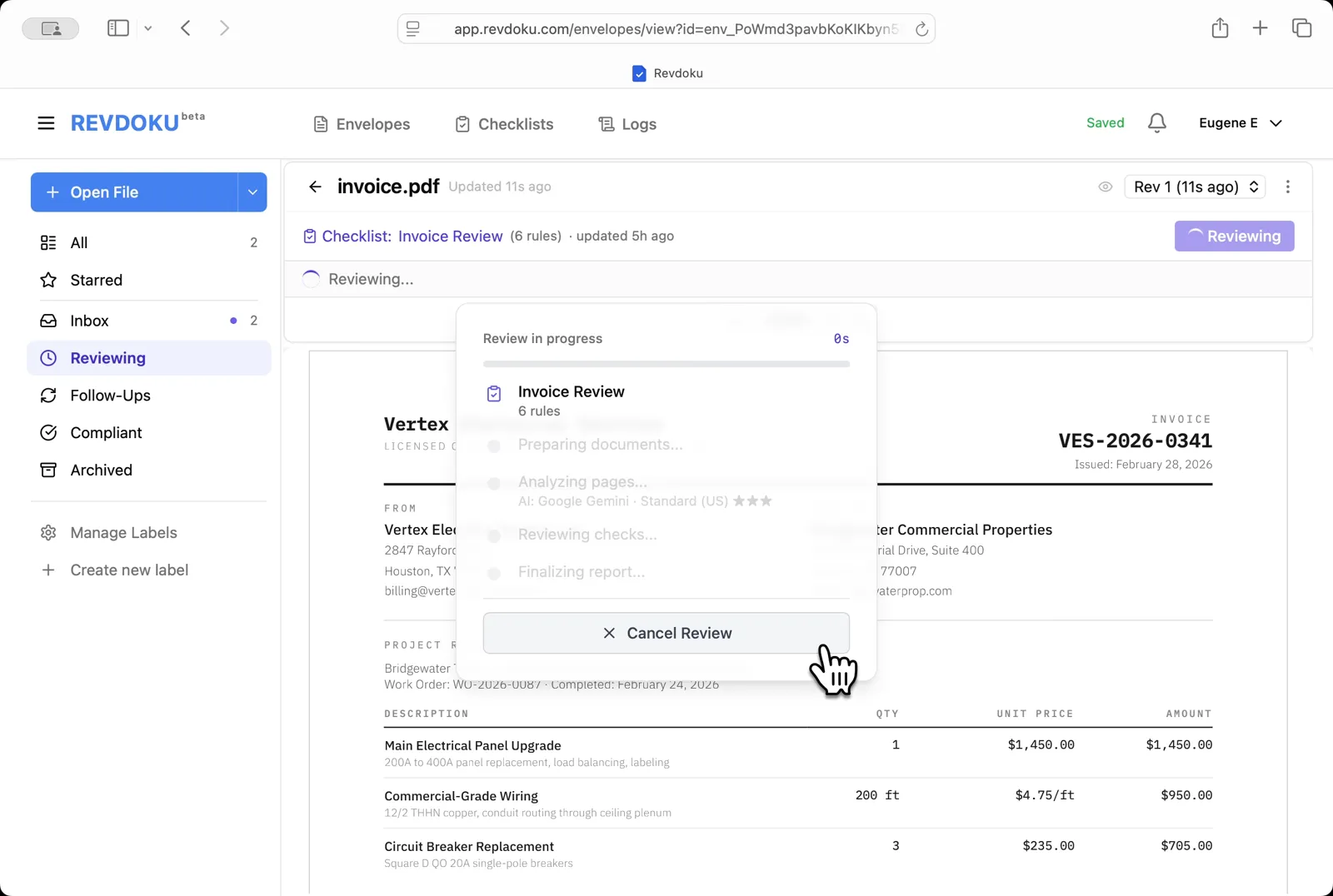 Start the Invoice Review checklist. Click Review and pick Invoice Review (6 rules) to check the invoice with Google Gemini