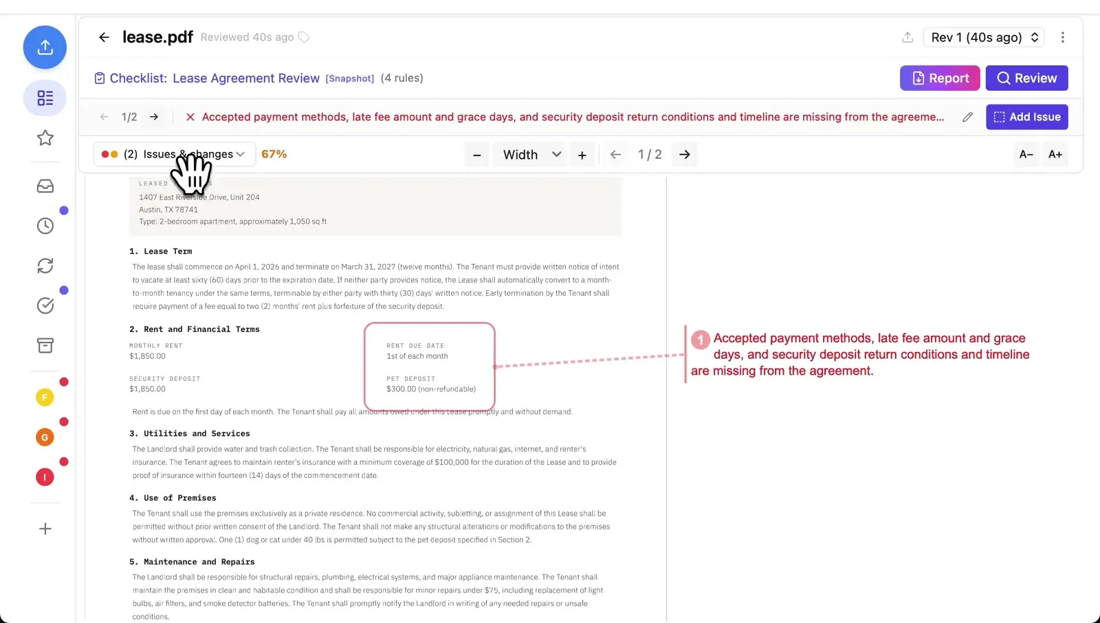 Lease agreement reviewed in Revdoku showing missing payment and deposit terms
