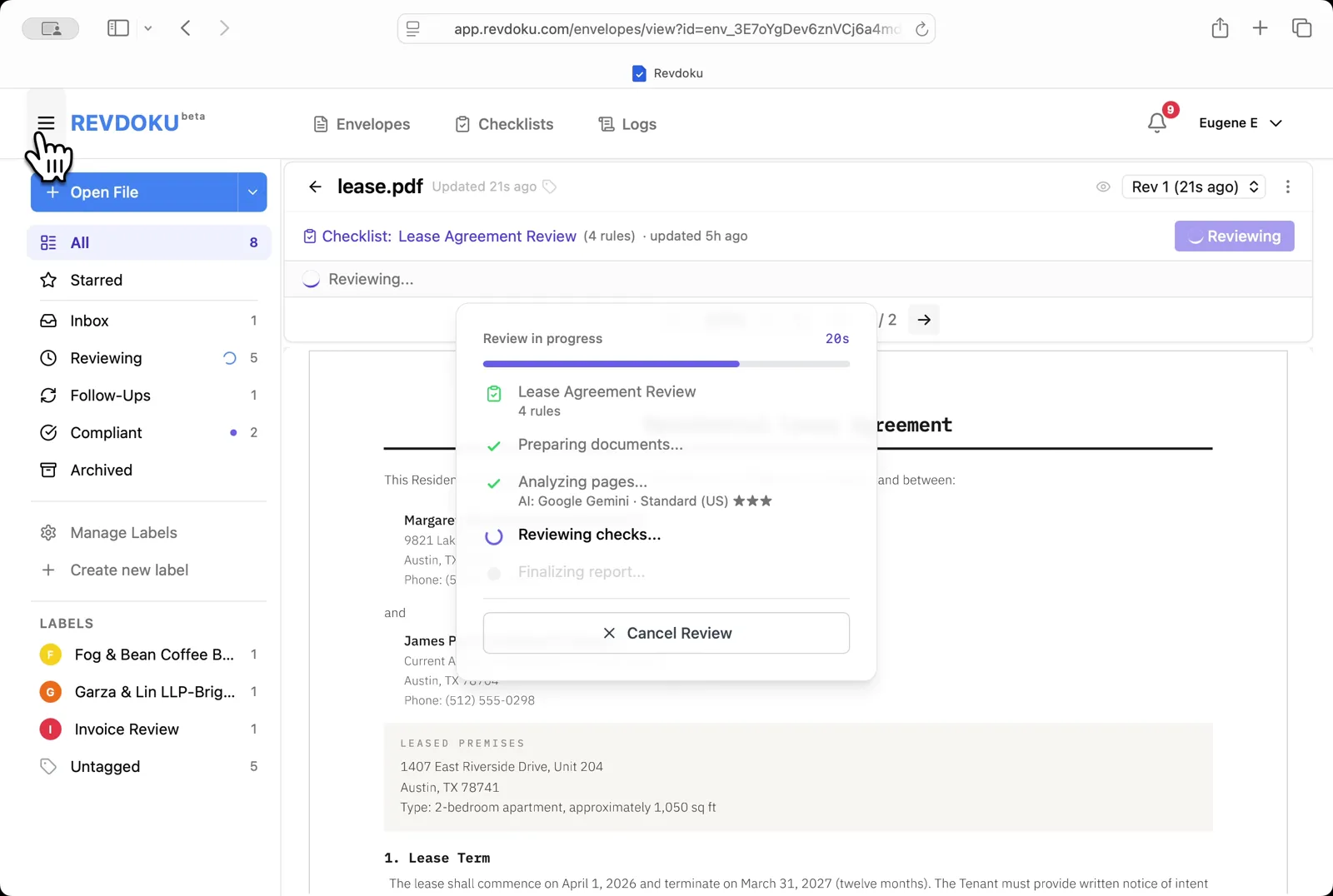 The checks finish running. Revdoku writes the report and matches each finding to a place on the page