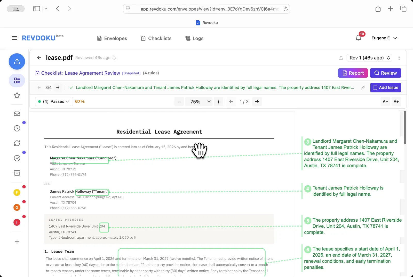 Filter to passed checks. Pick Passed to see what the lease got right — both parties are identified by full legal names, the property address is complete, and the lease term, renewal, and early-termination penalties are defined