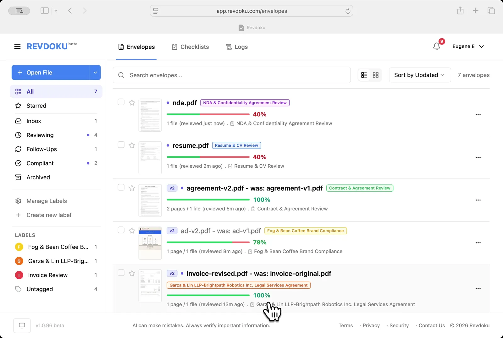 Open the Envelopes inbox. The inbox lists every document available for review