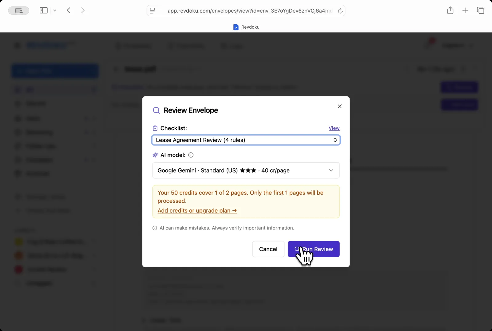Pick the checklist. In the Review Envelope dialog choose Lease Agreement Review (4 rules) with Google Gemini · Standard (US), then click Run Review