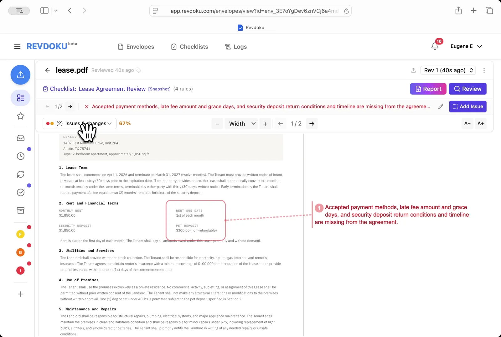 Read the page-1 issue. The red banner flags missing payment methods, missing late-fee amount and grace period, and missing security-deposit return conditions — all connected to the Rent and Financial Terms block