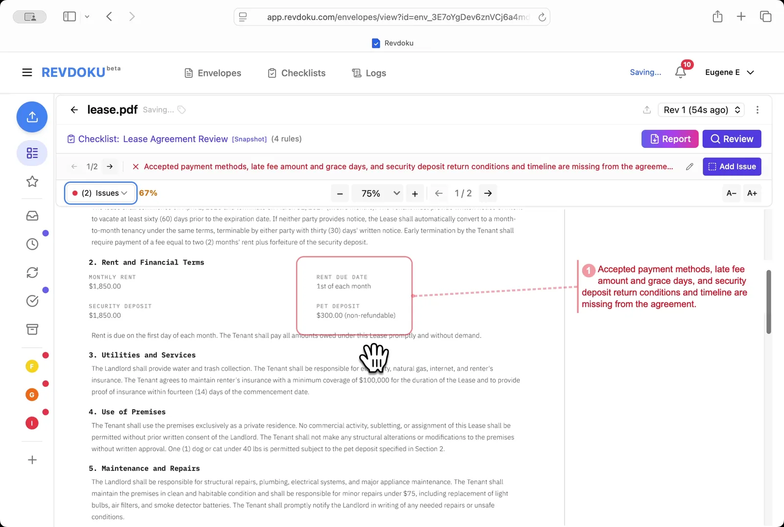 Read the page-2 issue. A second failure is surfaced: the lease is missing a landlord-entry-notice clause plus required signature lines