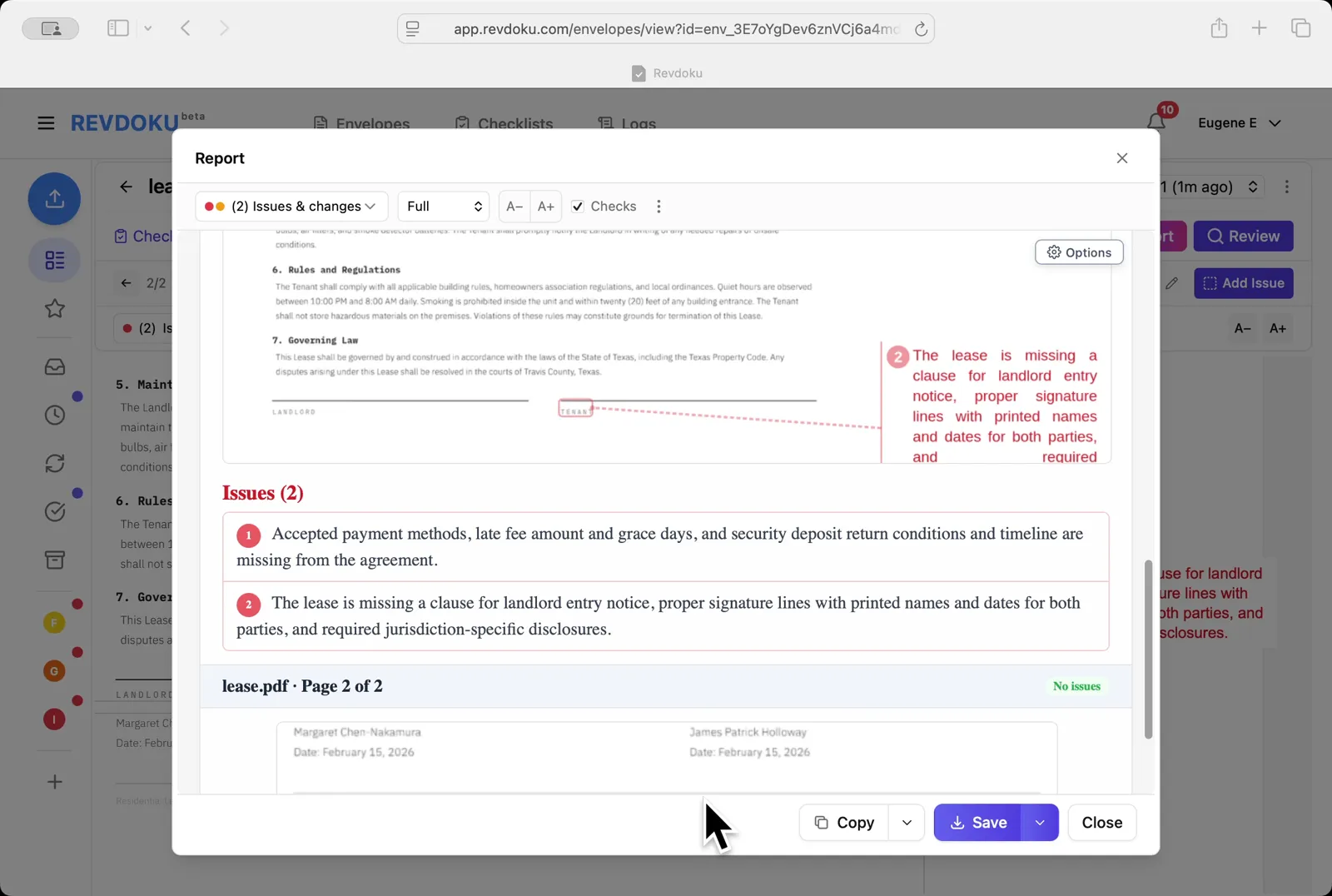 Save the report. Page 2 shows both annotated issues and the Issues (2) section lists them; use Copy or Save to export