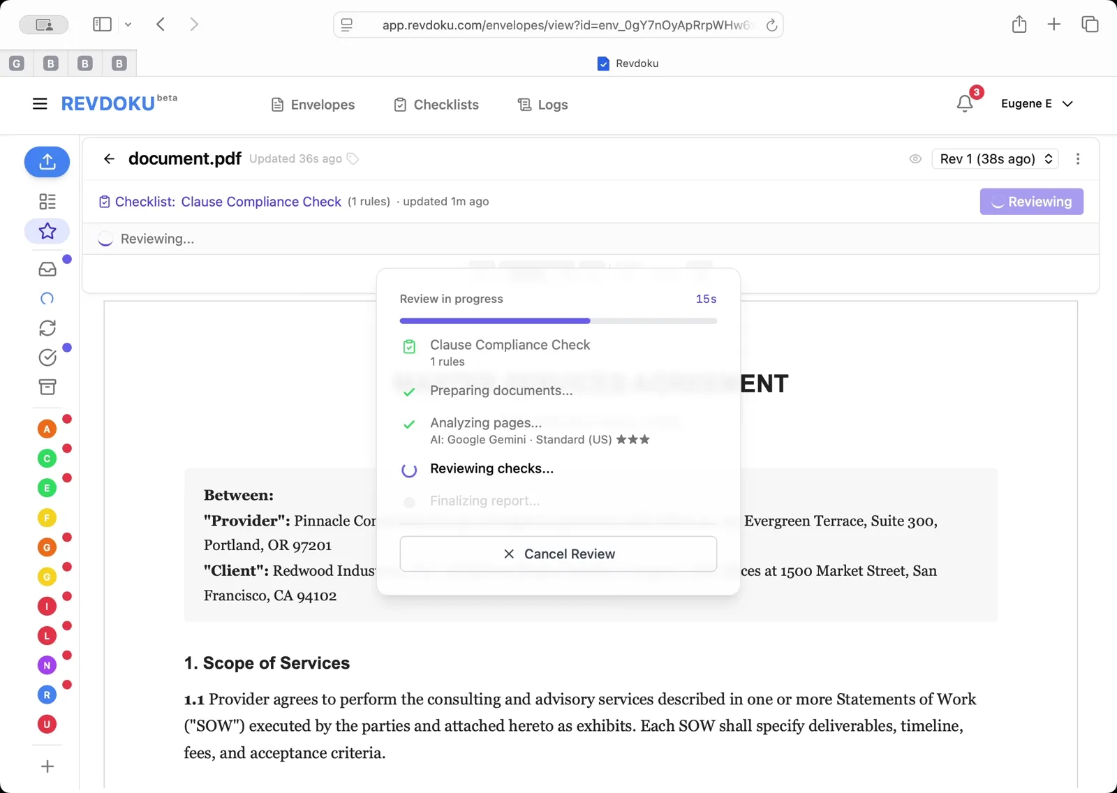 Let Revdoku review the clauses. Revdoku checks the agreement against the required clause types. Wait for Preparing, Analyzing, Reviewing, and Finalizing to complete.