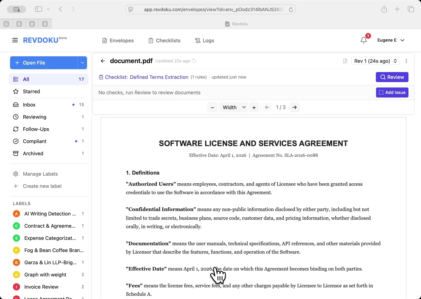 Open the Software License and Services Agreement. The 3-page agreement is open in the Inbox, showing Section 1 Definitions with quoted terms such as Authorized Users, Confidential Information, and Documentation. Click the Review button to start.