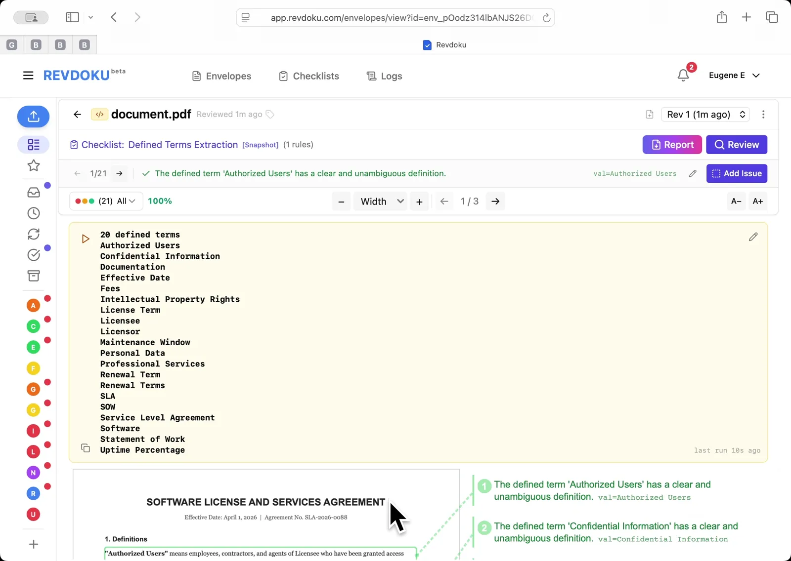 Read the extracted defined terms. The result panel lists 20 defined terms pulled from Section 1 — from Authorized Users and Confidential Information through License Term, Personal Data, SLA, Statement of Work, and Uptime Percentage.