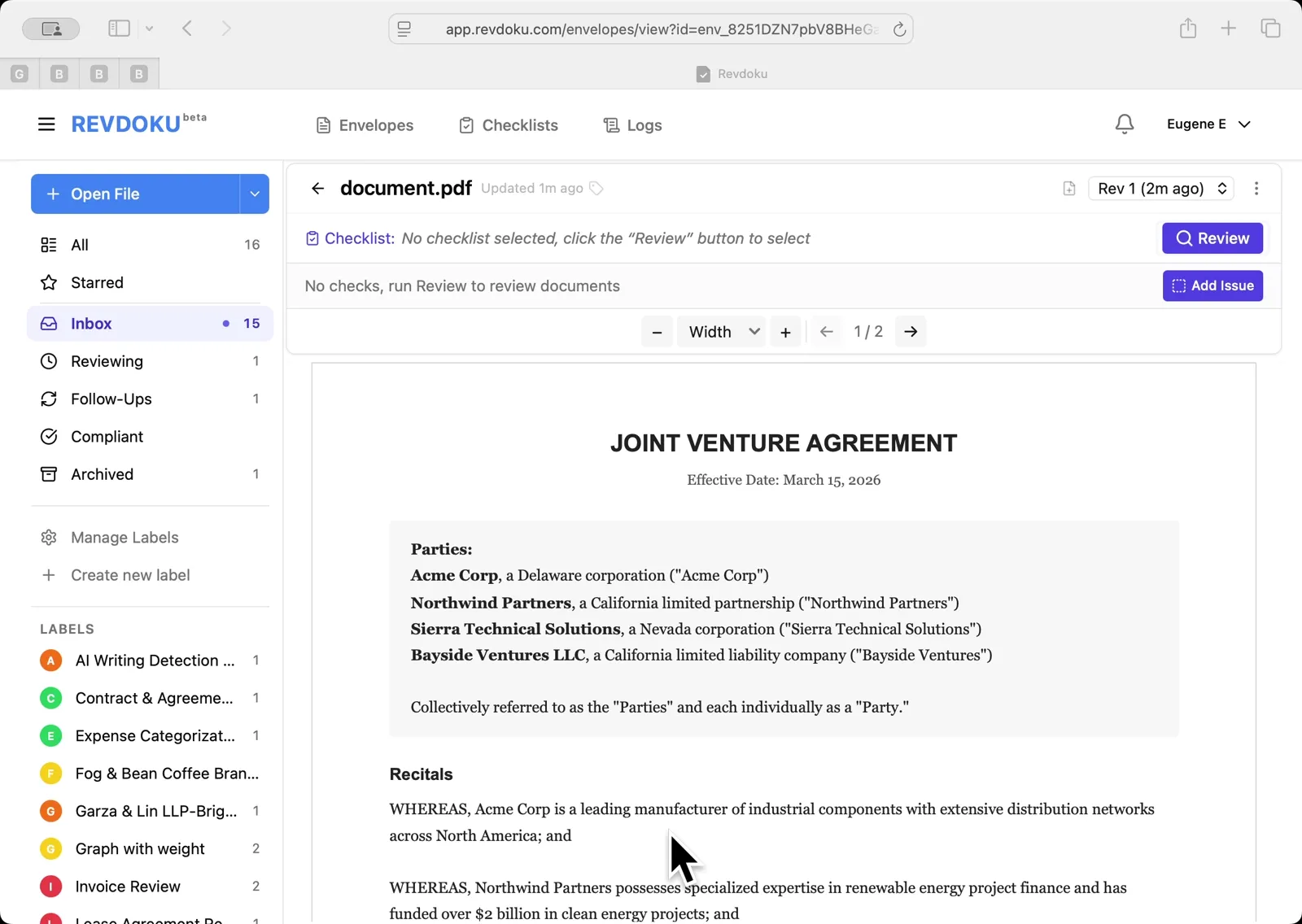 Open the Joint Venture Agreement. The document is open in the Revdoku Inbox viewer, showing the parties — Acme Corp, Northwind Partners, Sierra Technical Solutions, and Bayside Ventures. The checklist banner reads No checklist selected. Click the purple Review button on the right to begin.