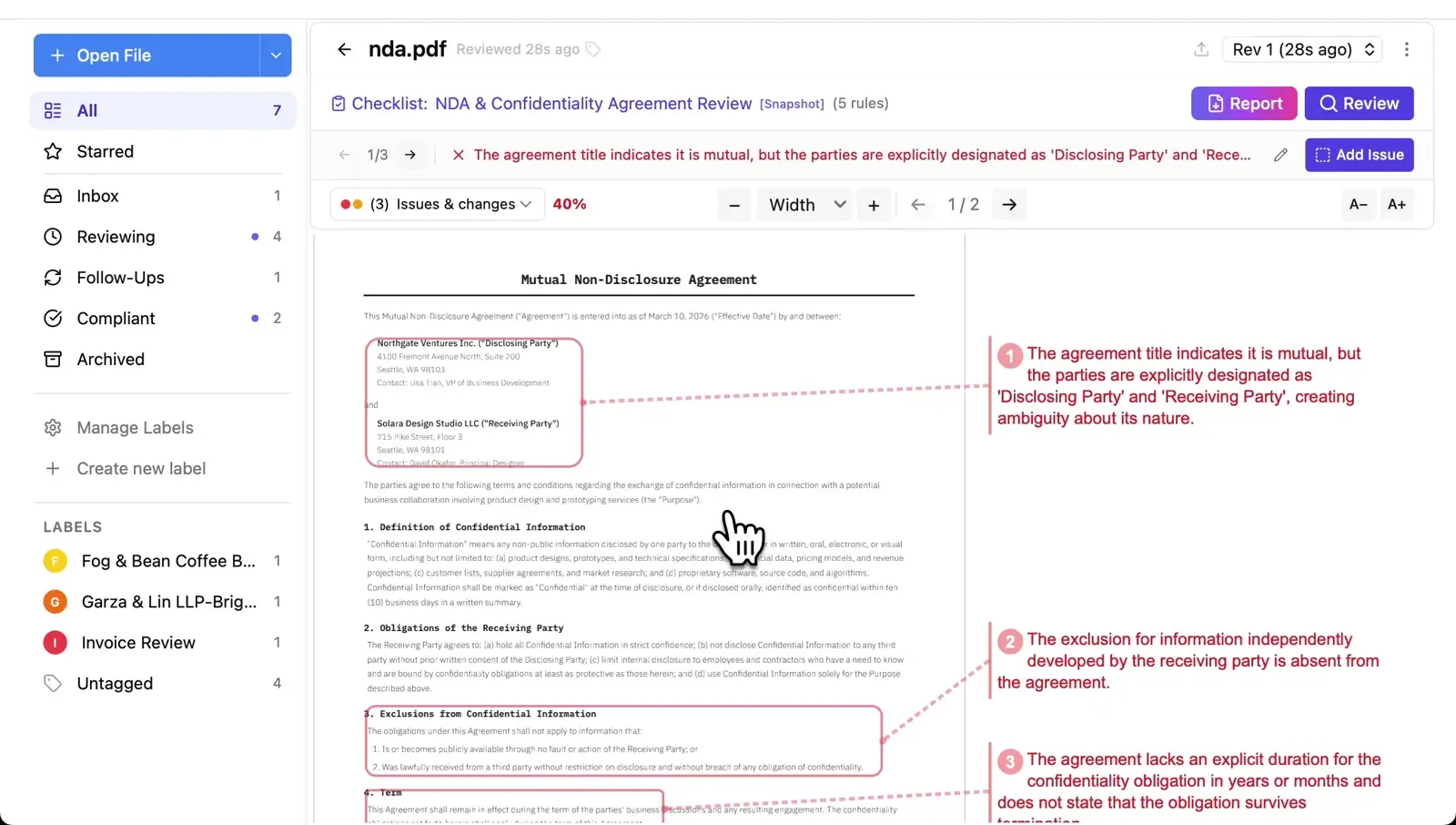 Mutual NDA reviewed in Revdoku showing party designation and duration issues