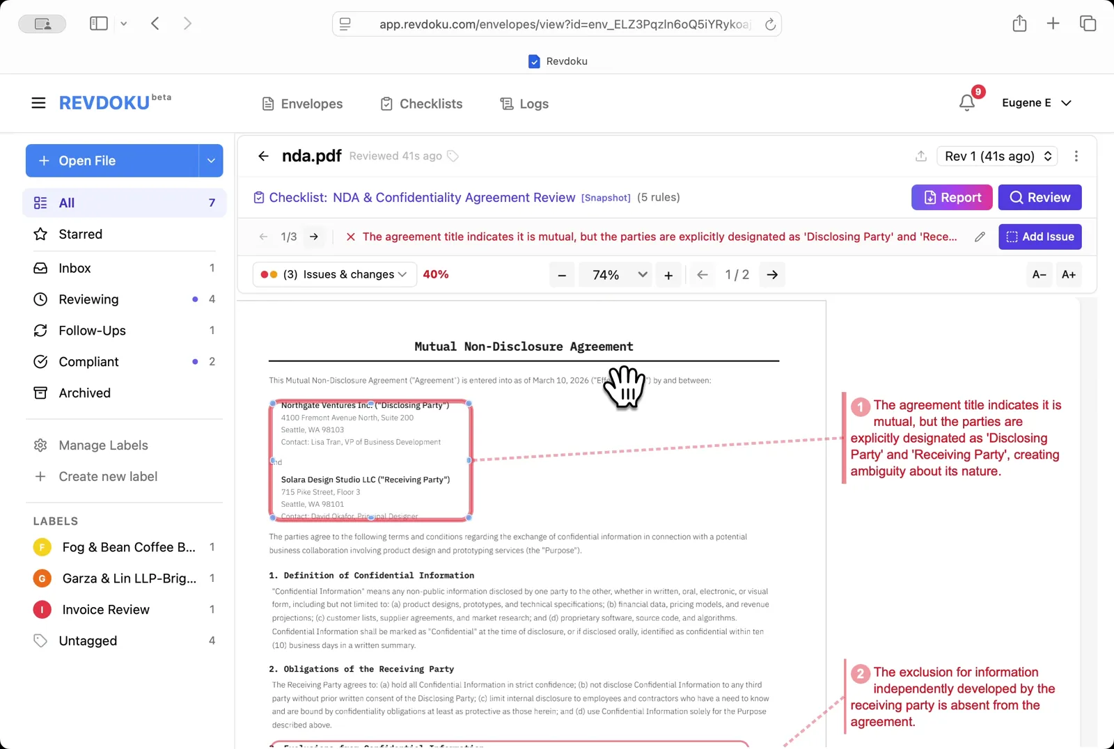 Inspect the parties block. Zoom in to 74% to verify how the parties are labeled in the upper-left of page 1