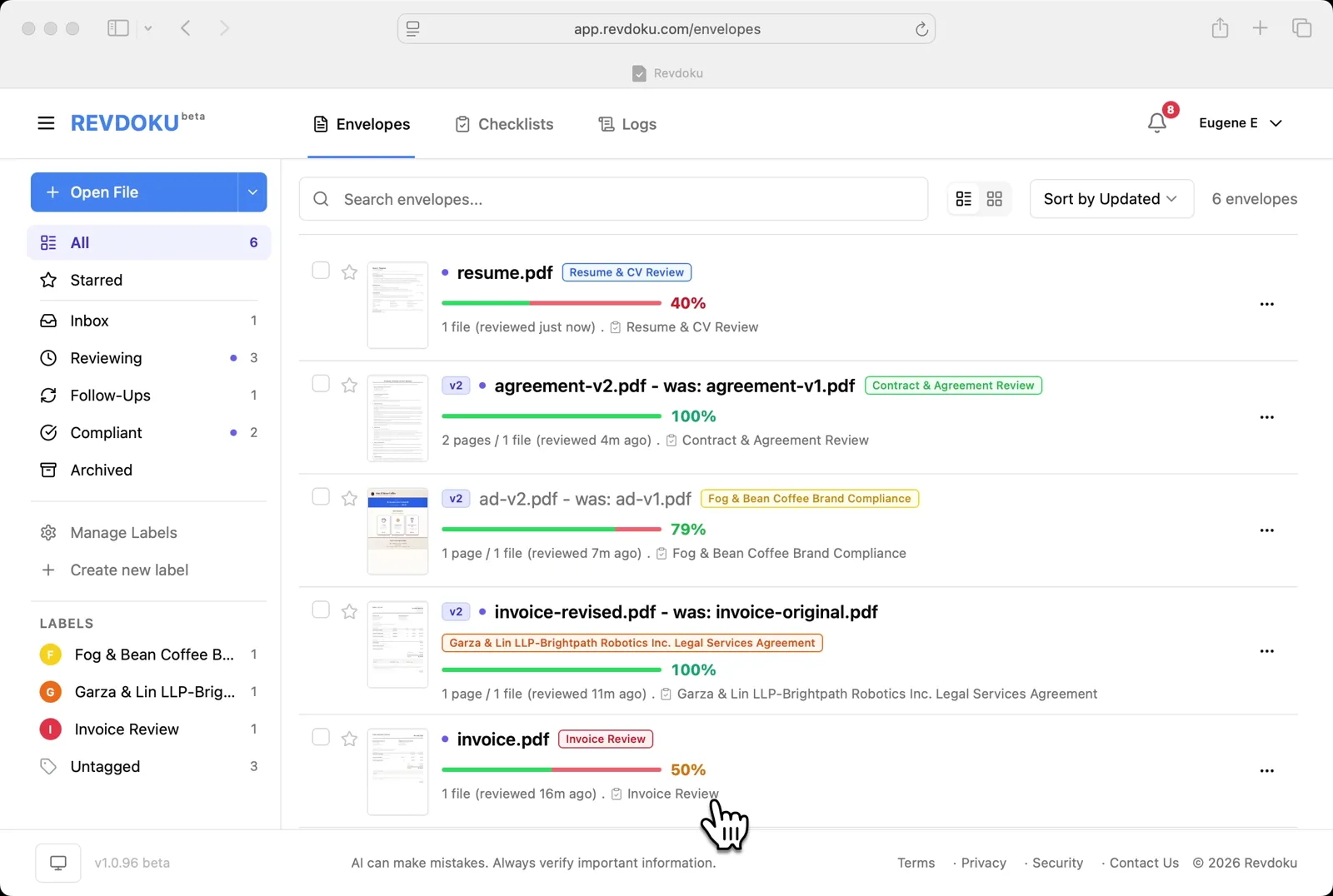 Open the Envelopes inbox. The inbox lists every document available for review