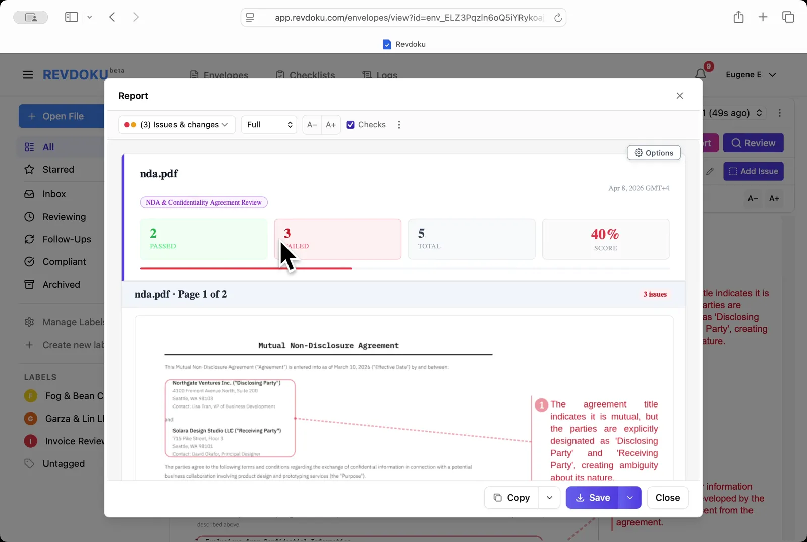 Open the Report. The summary shows 2 passed, 3 failed, 40% score, with the first issue annotated on the page preview