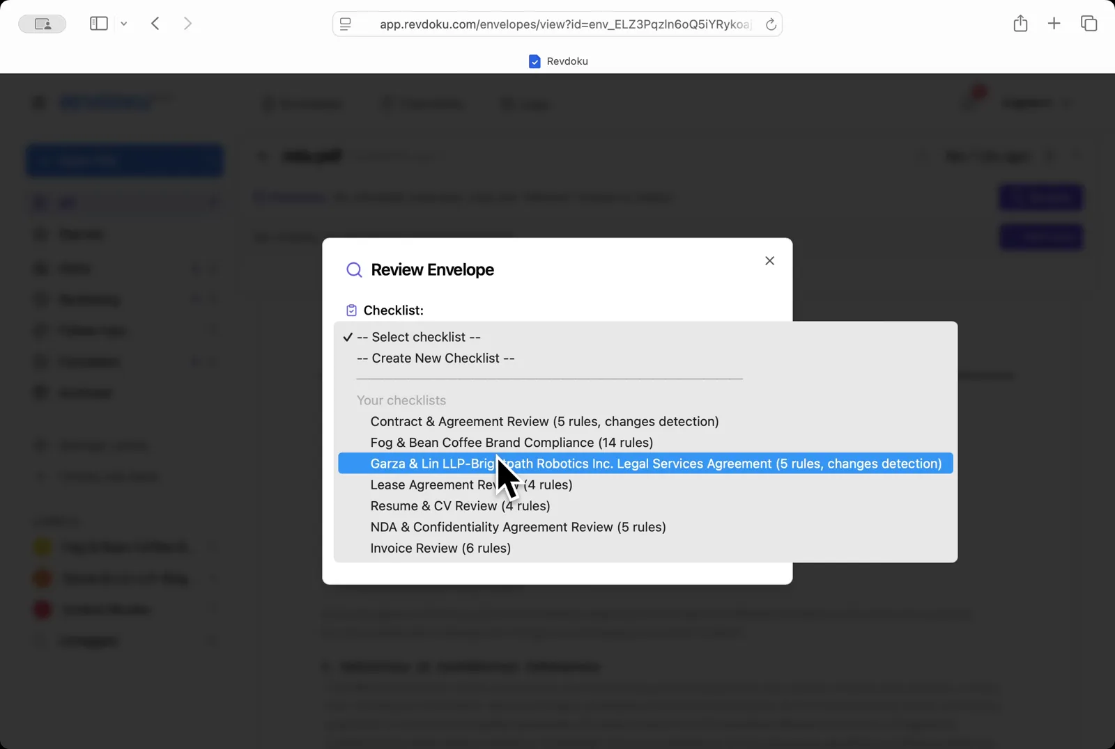 Pick the NDA checklist. In the Review Envelope dialog open the checklist dropdown and choose NDA & Confidentiality Agreement Review (5 rules)