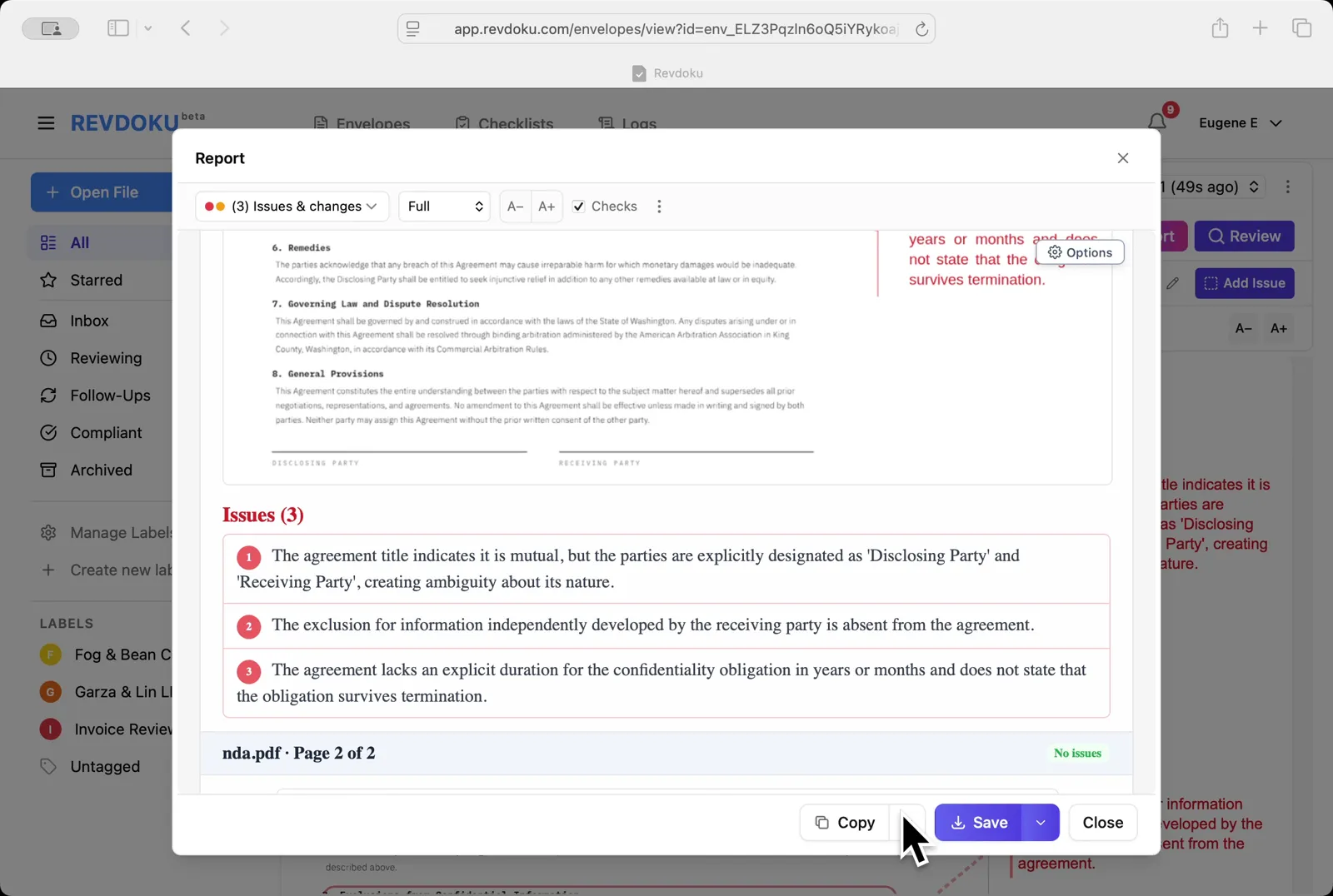 Read the issue list. The Issues (3) section lists the ambiguous Disclosing/Receiving labels, the missing exclusion clause, and the missing confidentiality duration; page 2 is marked No issues