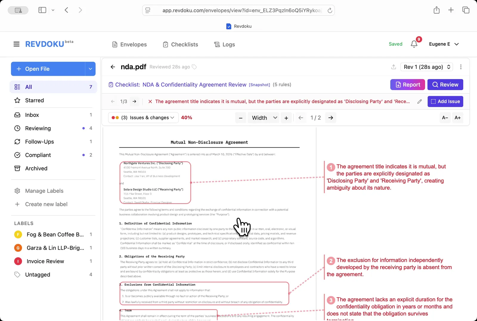 Read the issues on page 1. Three failures are annotated: the agreement is titled Mutual but the parties are explicitly labeled Disclosing and Receiving (creating ambiguity), the standard exclusion for independently developed information is missing, and the confidentiality duration is not specified