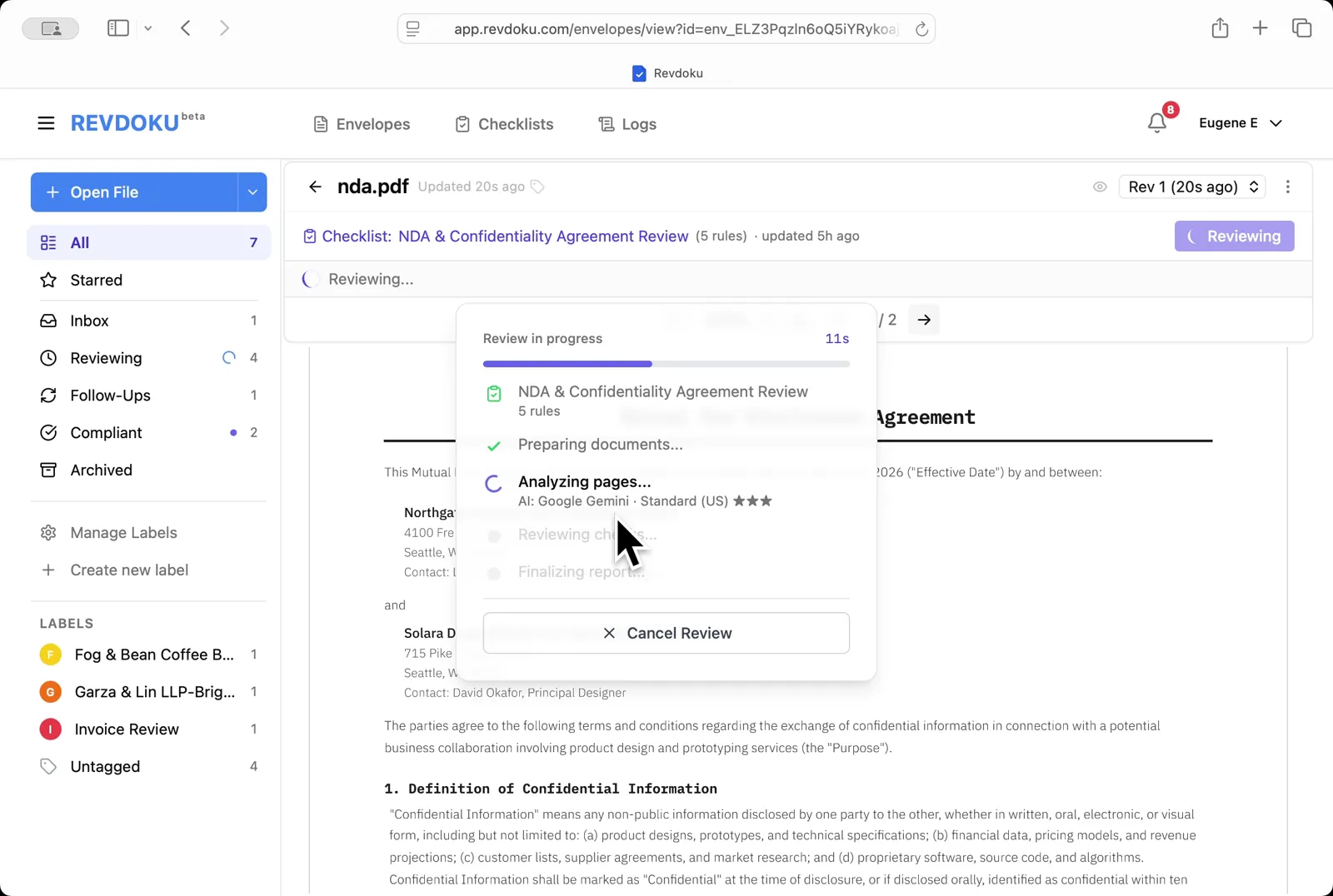 Revdoku analyzes the NDA. It extracts the page text and runs each of the five rules with Google Gemini · Standard (US)
