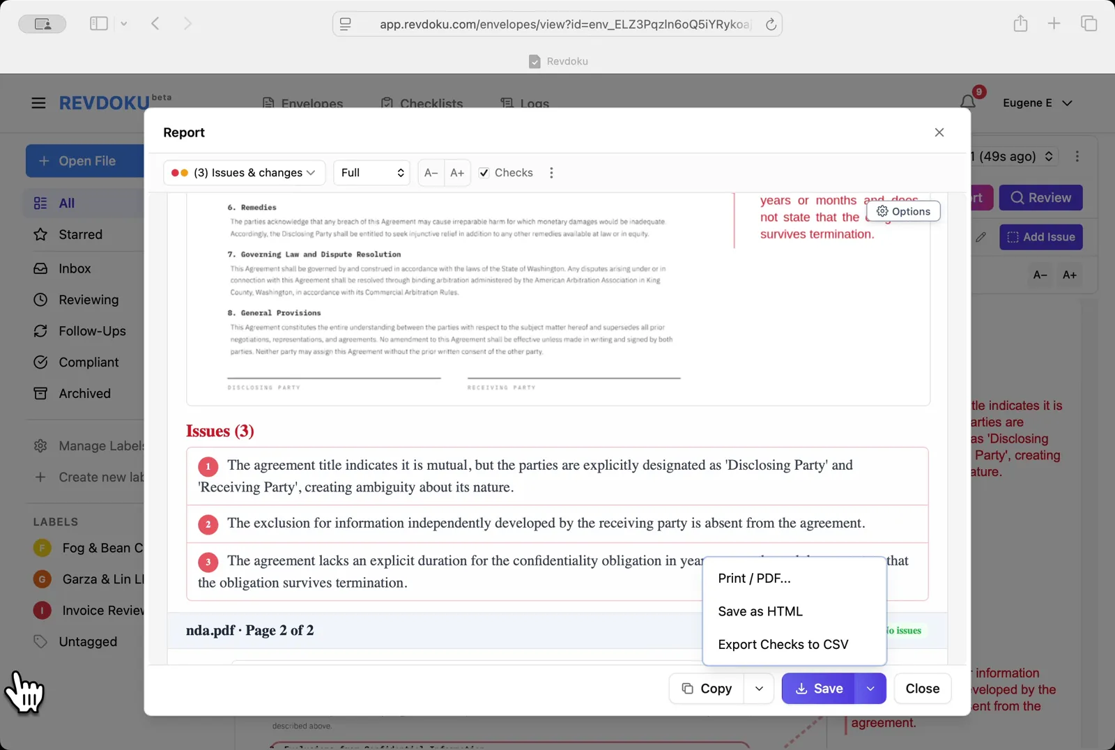 Save the report. The Save dropdown offers Print / PDF, Save as HTML, and Export Checks to CSV