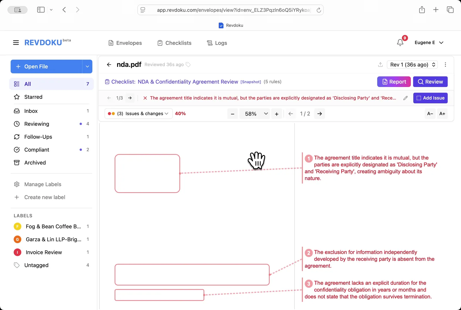 See all issues at once. Zoom out to 58% to view the three flagged areas alongside their annotations