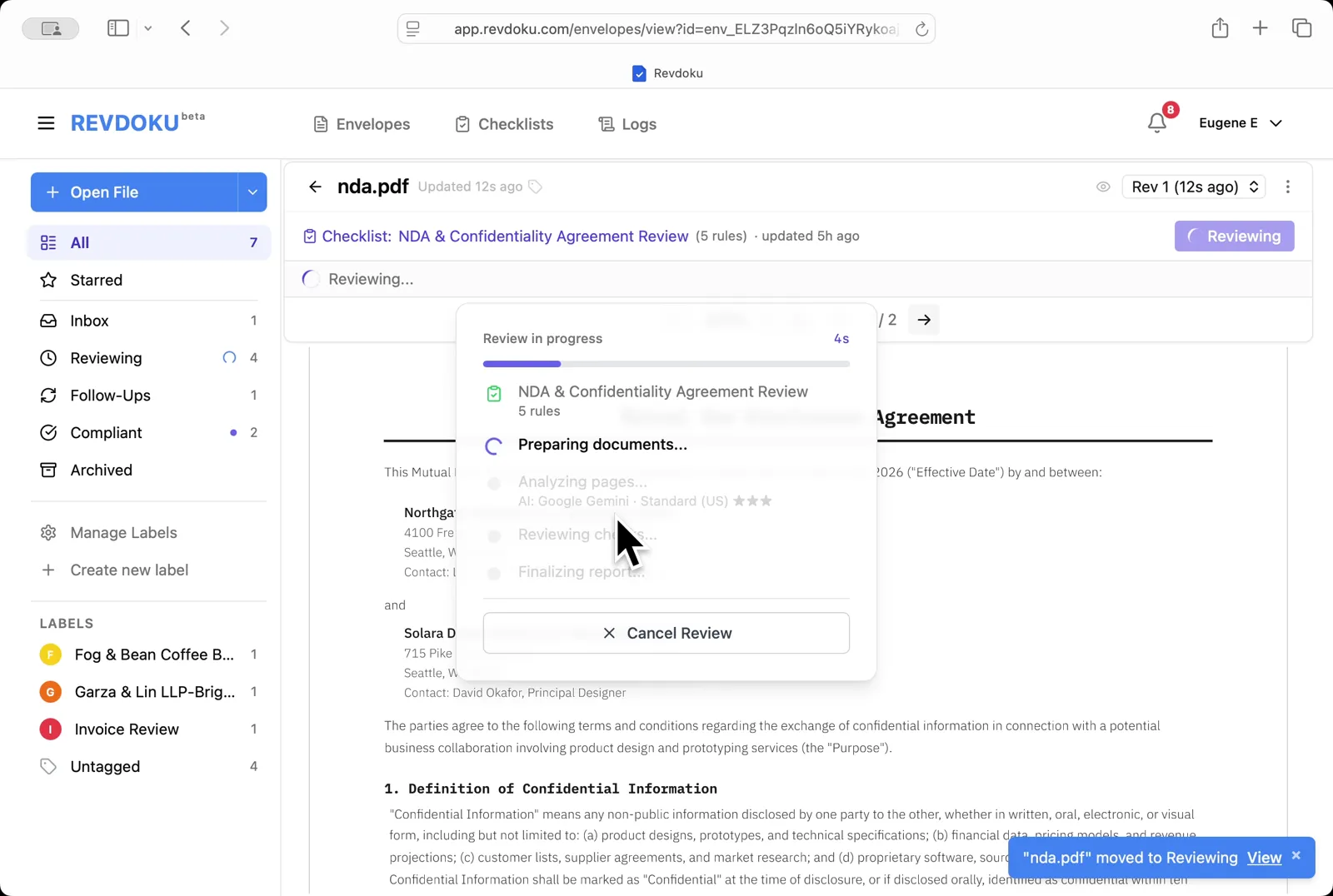 Start the review. Revdoku begins with the Preparing documents step