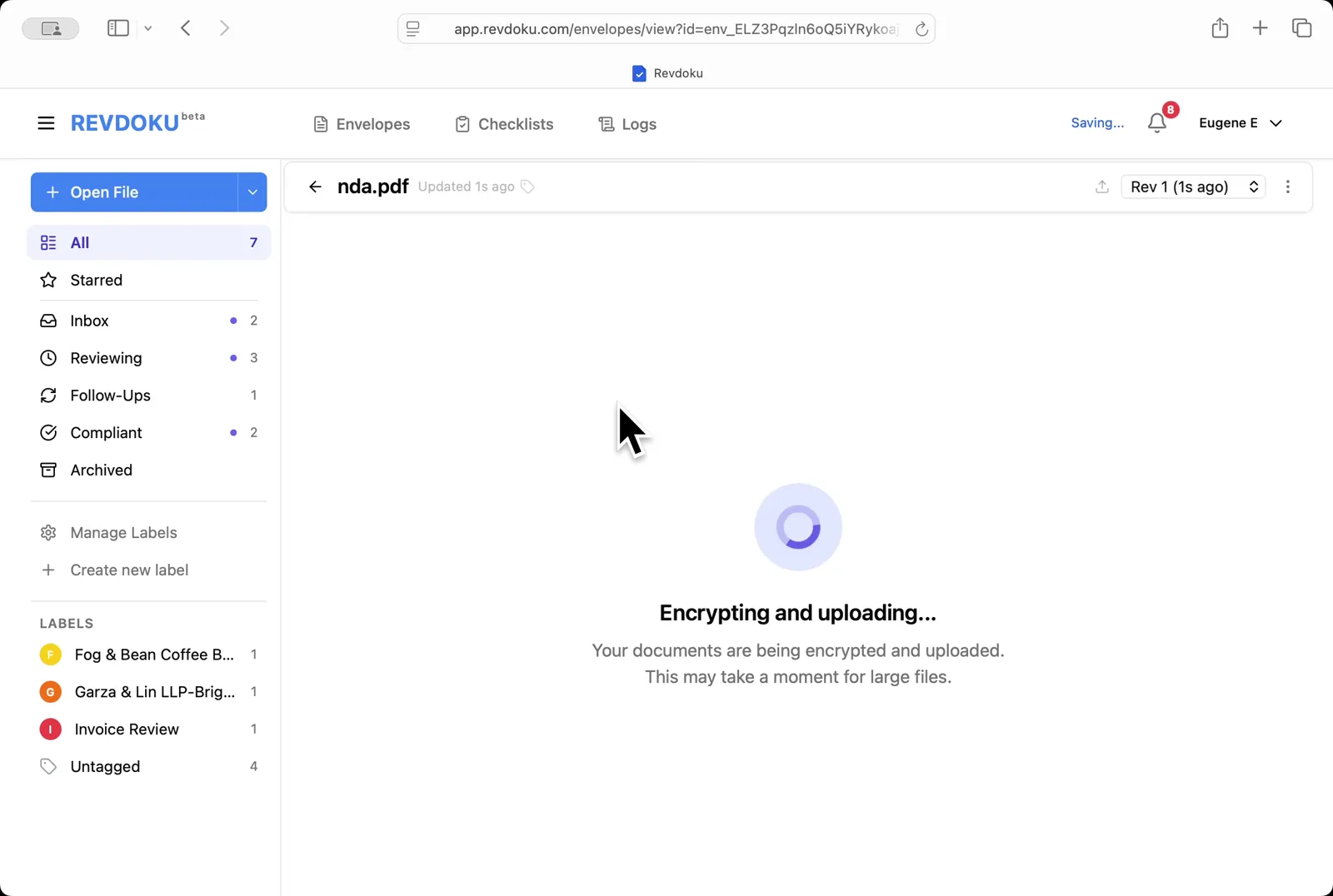 Upload the NDA. Drop nda.pdf onto the inbox; Revdoku encrypts and uploads it before opening