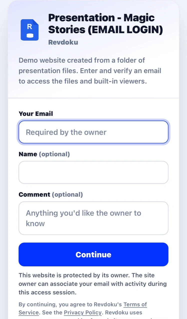 Magic Stories presentation website requiring verified email login