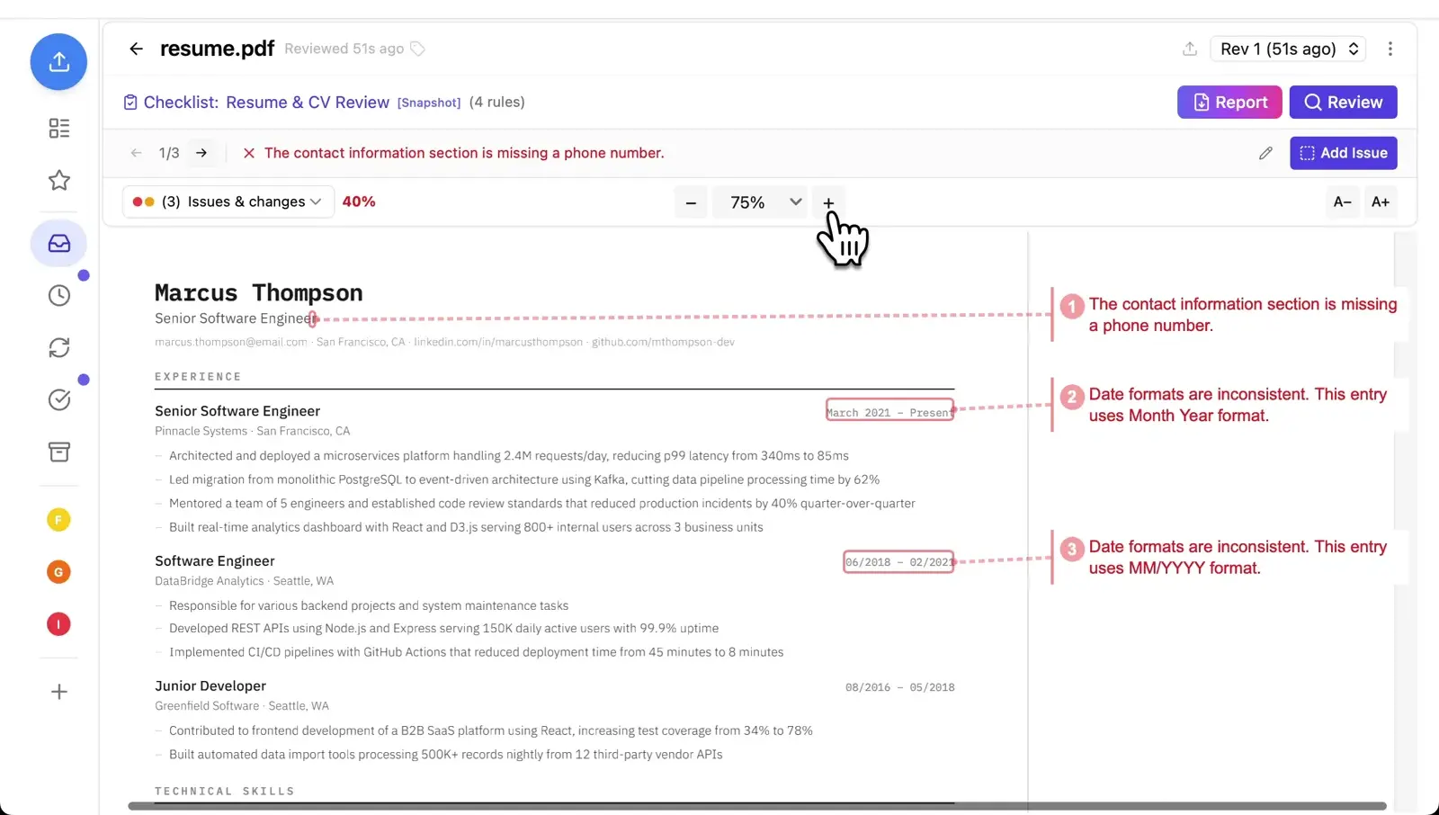 Resume reviewed in Revdoku showing missing phone number and date format issues