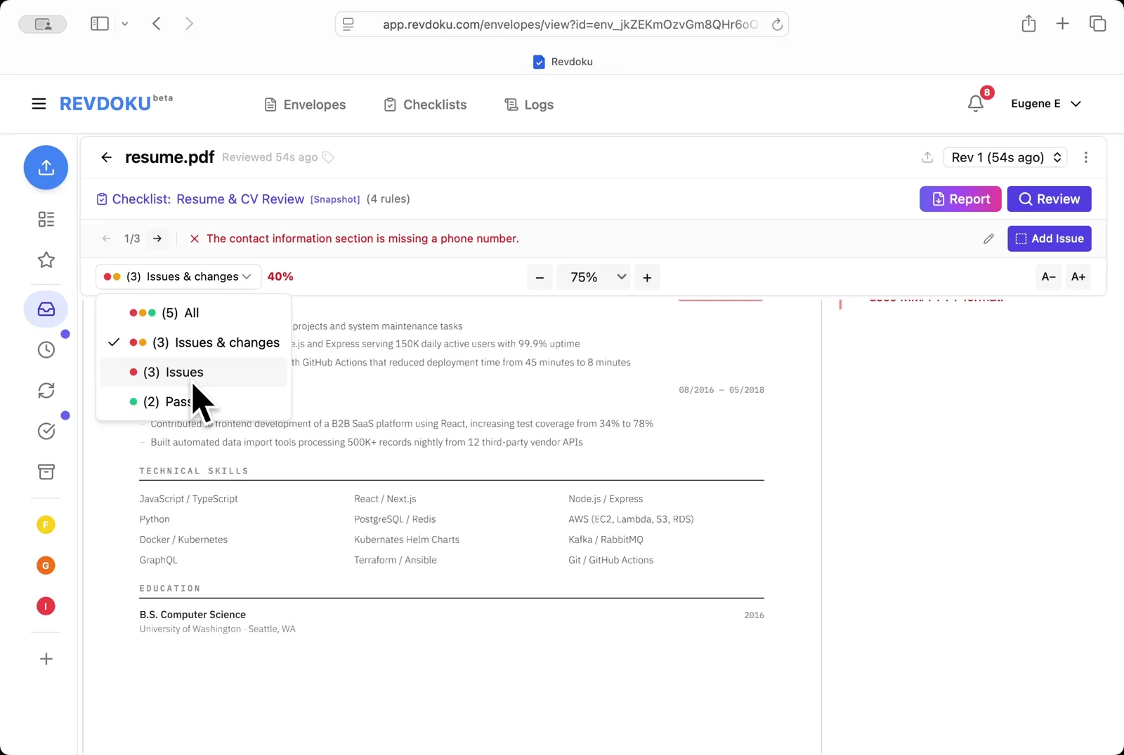 Filter the results. Use the dropdown to switch between All, Issues & changes, Issues only, and Passed