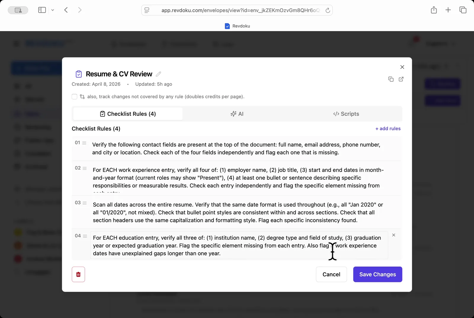 Open the Resume & CV Review checklist. The dialog shows four rules: contact fields, work experience entries, date format consistency, and education entries