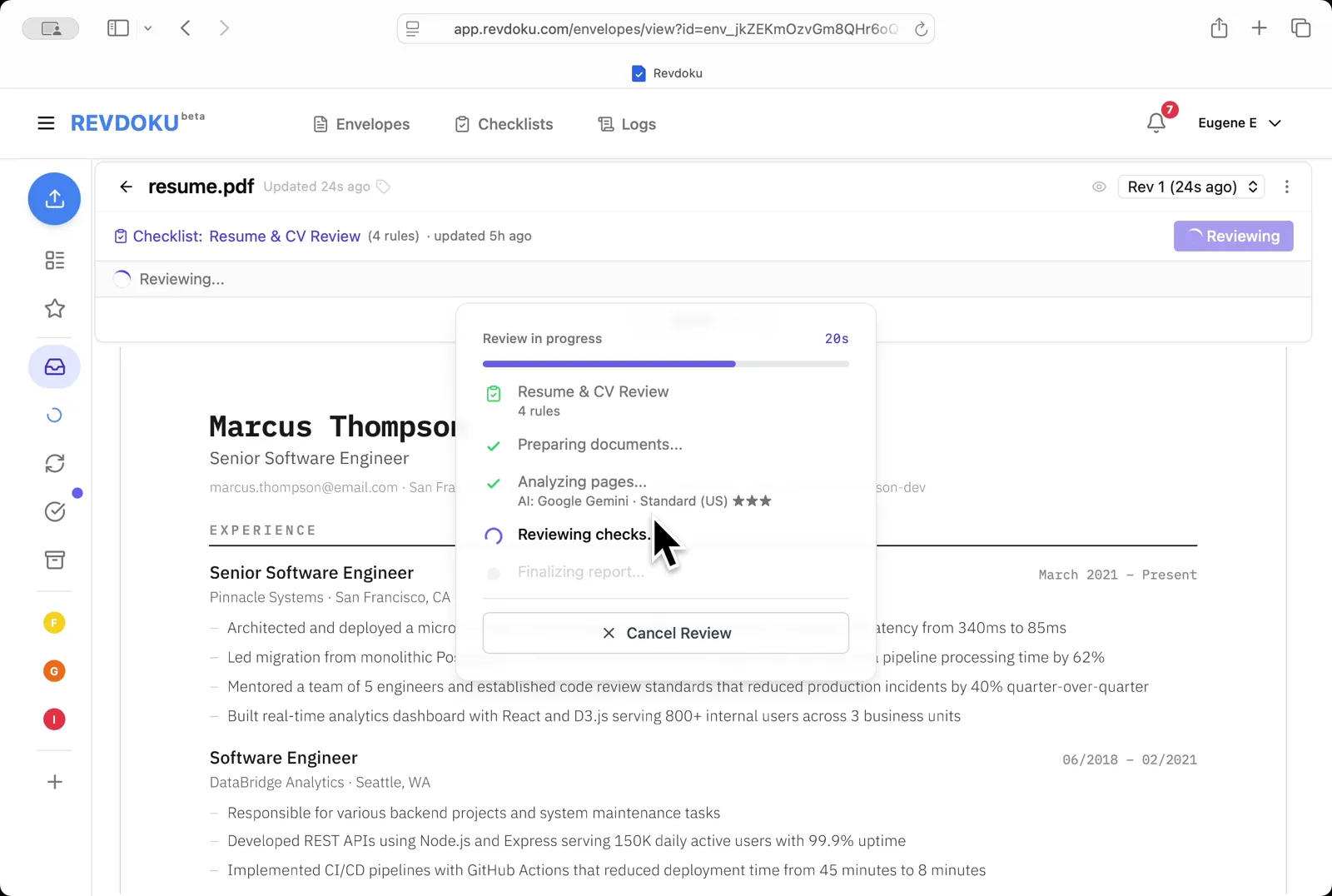 Revdoku analyzes the page with Google Gemini and runs the four checks