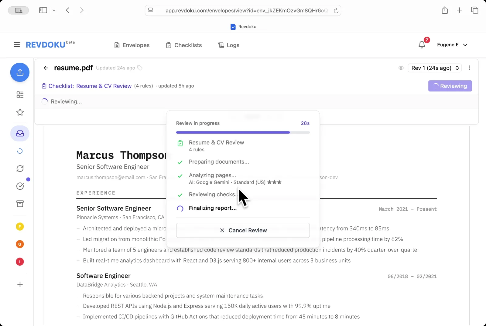 Revdoku finalizes the report once the checks have run