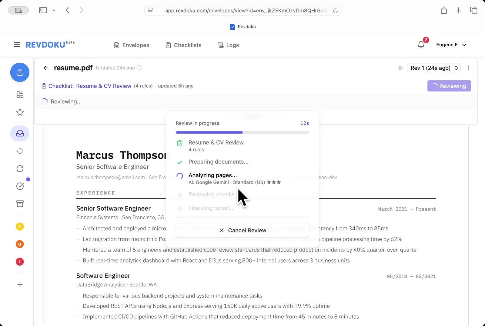 Revdoku prepares the document and starts analyzing the page with Google Gemini