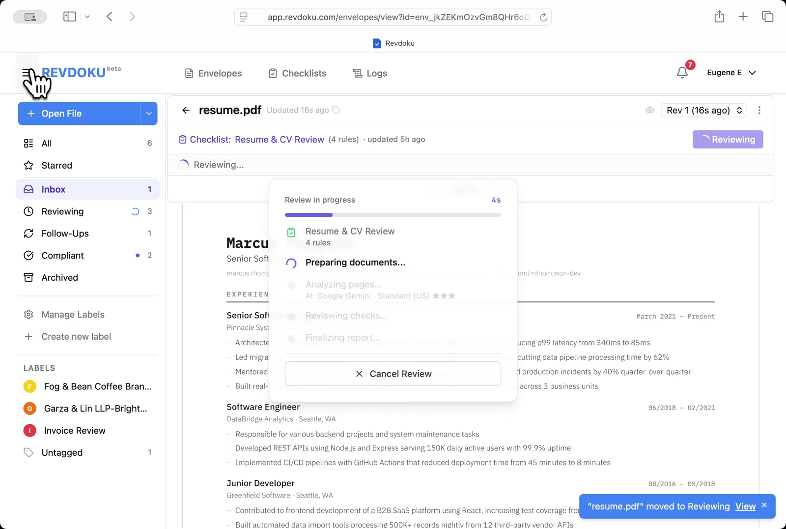 Start the review. Pick the Resume & CV Review checklist and click Run Review
