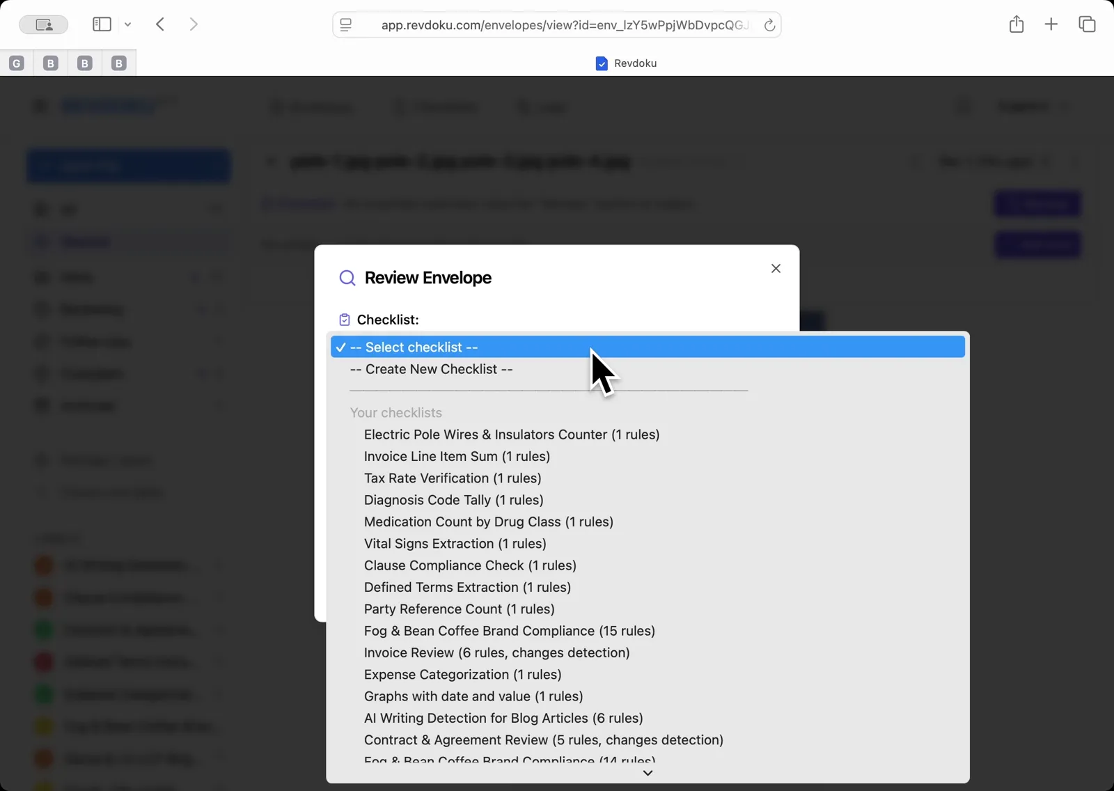 Open the Review dialog. With all four pole photos loaded as pages of one envelope, click Review. In the Checklist dropdown, pick Electric Pole Wires and Insulators Counter.