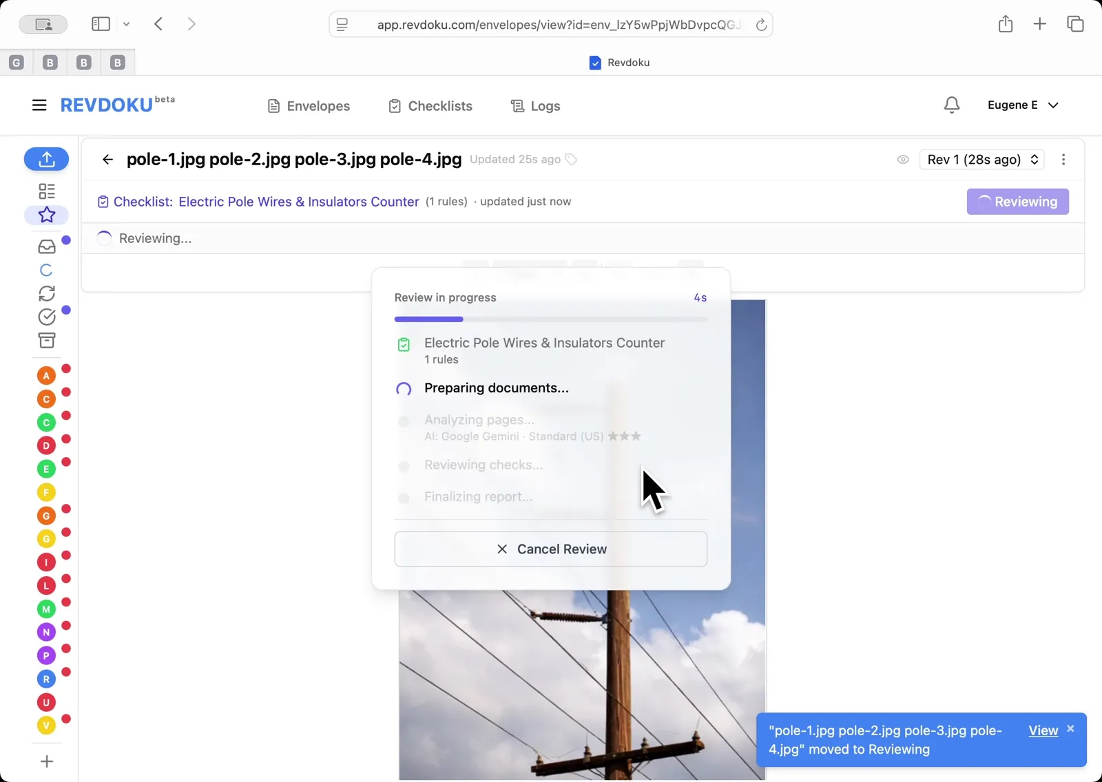 Run the review. Back in the Review Envelope dialog, click Run Review. Revdoku batches the four pages into two batches and walks through Preparing, Analyzing, Reviewing, and Finalizing.